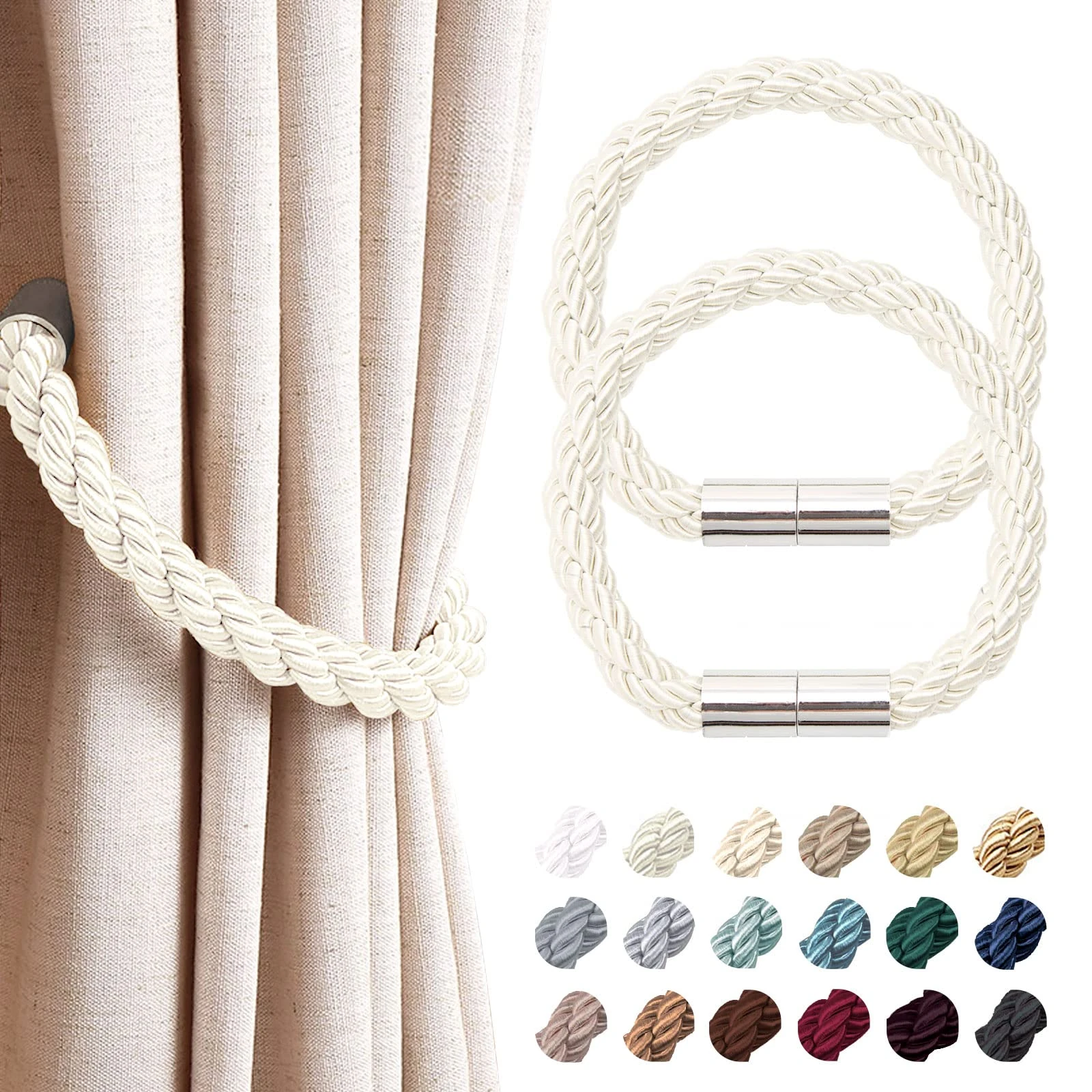Pretty Jolly 2 Pack Strong Magnetic Curtain Tiebacks Modern Simple Style Drape Tie Backs Convenient Decorative Weave Rope Curtain Holdback for Thin or Thick Home & Office Window Drapery (Creamy-white)