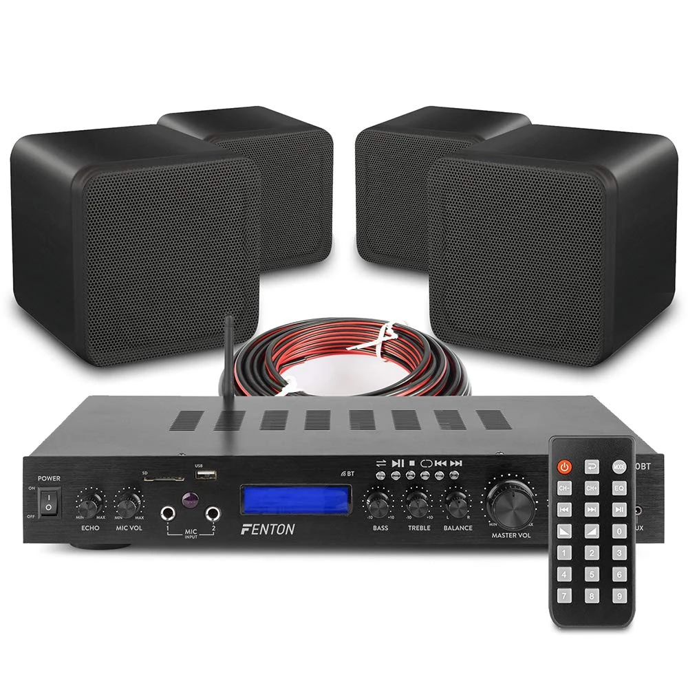 Fenton B406A 4.0 Home Cinema Surround Sound Speaker System with Bluetooth Amplifier, FM Radio, USB MP3 Playback, Aux RCA Inputs and Speaker Cables Included