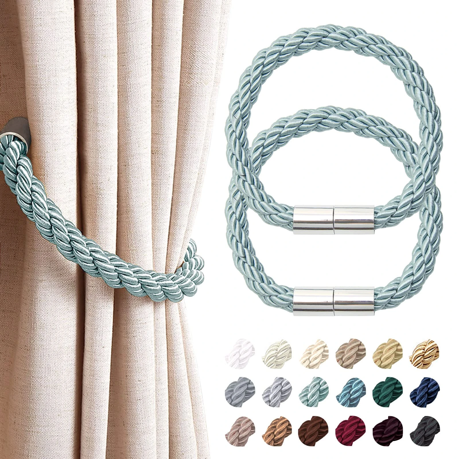 Pretty Jolly 2 Pack Strong Magnetic Curtain Tiebacks Modern Simple Style Drape Tie Backs Convenient Decorative Weave Rope Curtain Holdback for Thin or Thick Home & Office Window Drapery (Blue-grey)