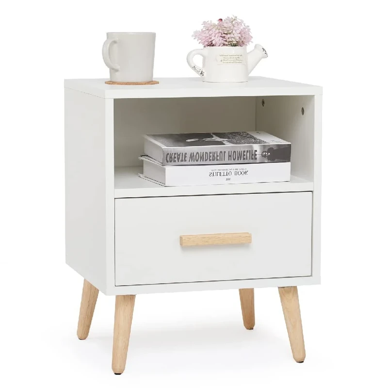 Mondeer Bedside Table, Bedside Storage Cabinet with 1 Drawer 1 Open Shelf, 40x30x51cm Simple Style Nightstand with Solid Wood Legs for Bedroom Living Room, White