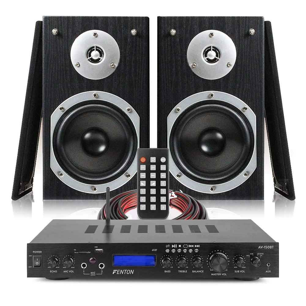 Fenton SHFB55B Hi-Fi Stereo Bookshelf Speaker System with AV-150BT 5-Channel Bluetooth Home Cinema Theatre Amplifier, FM Radio, USB, 140W, Cable Included, Black