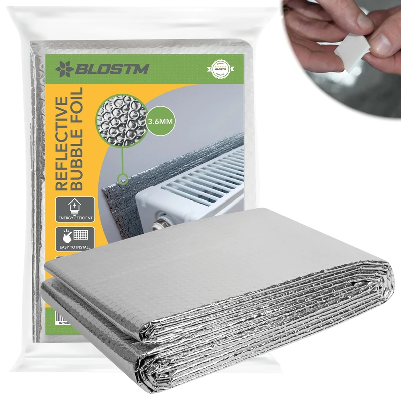 BLOSTM Radiator Insulation Foil 5m x 60cm - Bubble Insulation Foil Reflector Thick Heat Reflective Bubble Wrap Radiator Foil Reflector with Adhesive Pads - Covers 3+ Radiators