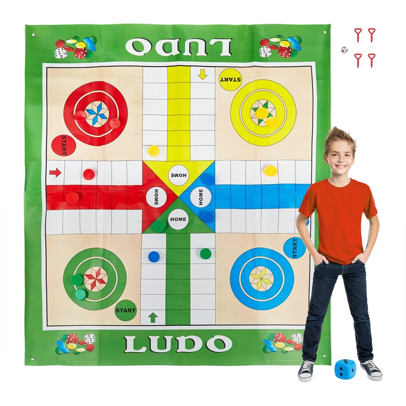 Relaxdays Ludo XXL, Large Board Game Mat Including 16 Pieces, 2 Dice & 4 Pegs, Garden, Large, HxW 160 x180 cm, Colourful