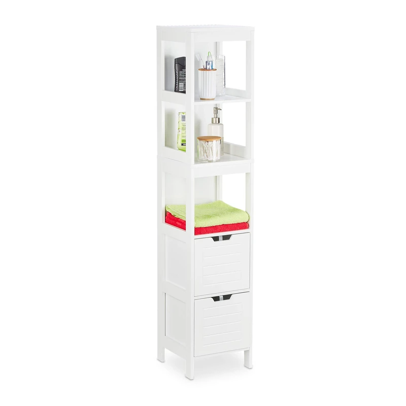 Relaxdays Storage Unit, 2 Drawers, 3 Shelves, Bathroom, Bedroom, Kitchen, Freestanding, HxWxD: 144 x 30 x 30 cm, White, Fibreboard