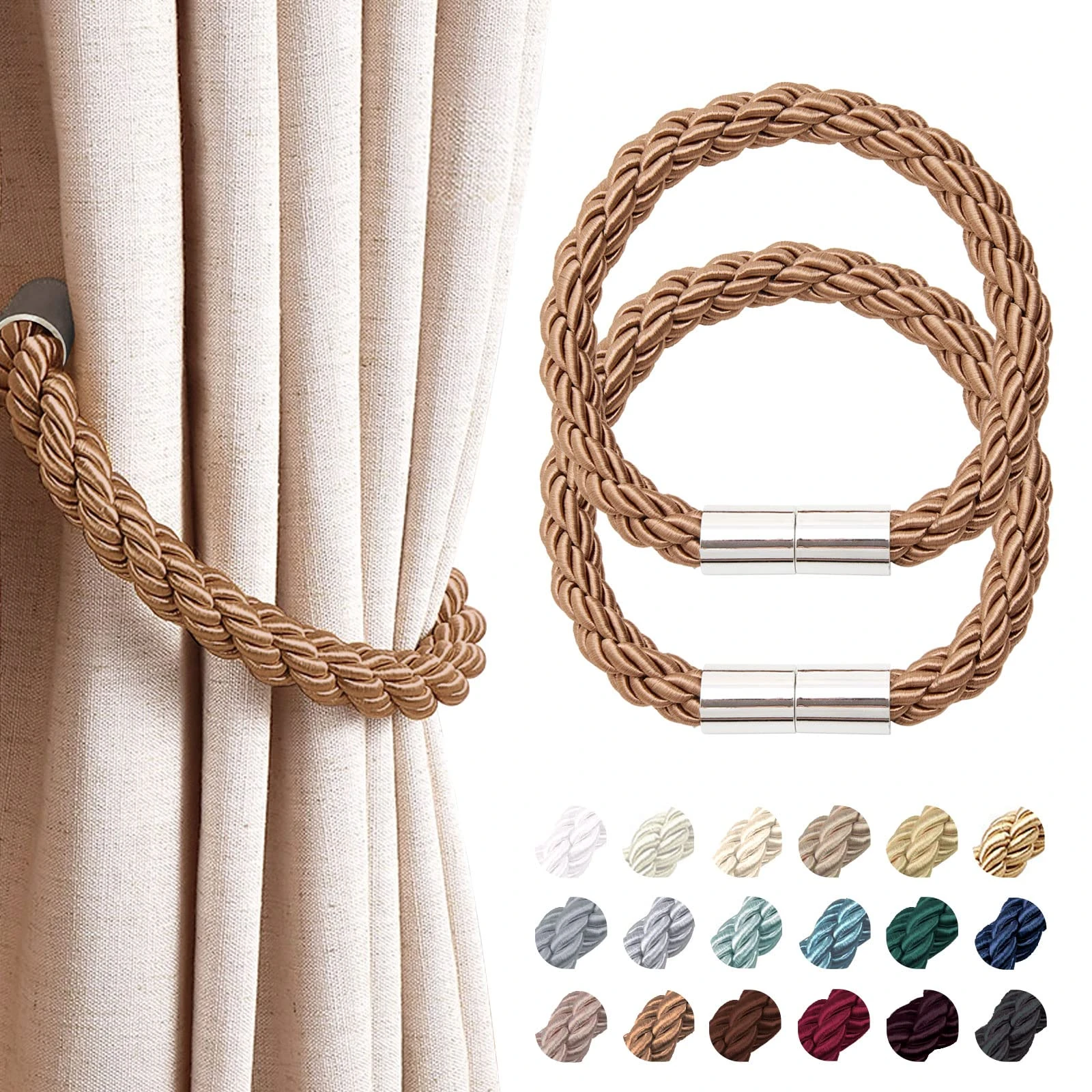 Pretty Jolly 2 Pack Strong Magnetic Curtain Tiebacks Modern Simple Style Drape Tie Backs Convenient Decorative Weave Rope Curtain Holdback for Thin or Thick Home & Office Window Drapery (Light Coffee)