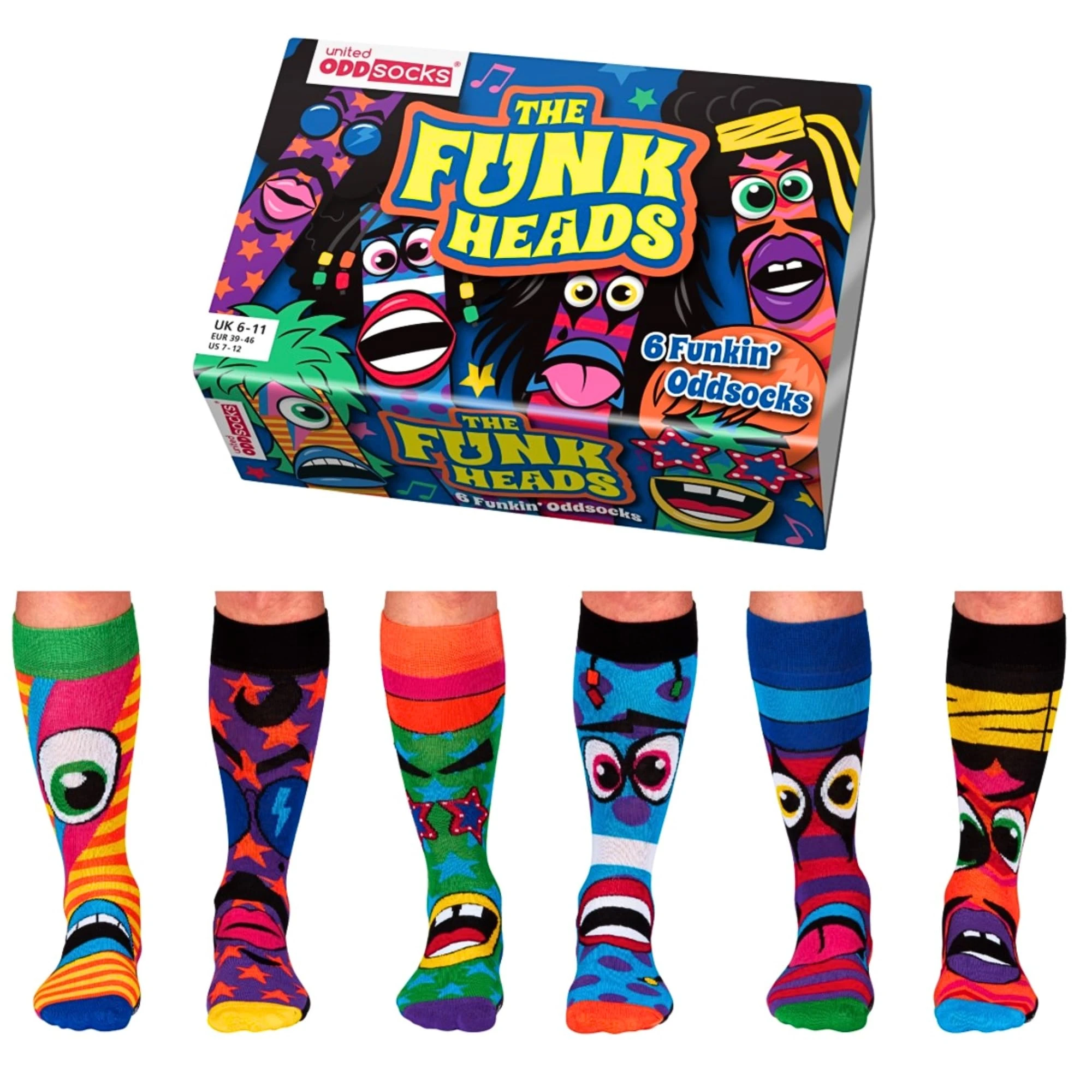 United Oddsocks The Funk Heads Gift Box – 6 Colourful Funky Odd Socks for Men – UK 6–11, EUR 39–46, US 7–12, Mix & Match 70s-Inspired Novelty Socks, Fun Birthday, Christmas or Father’s Day Gift & More