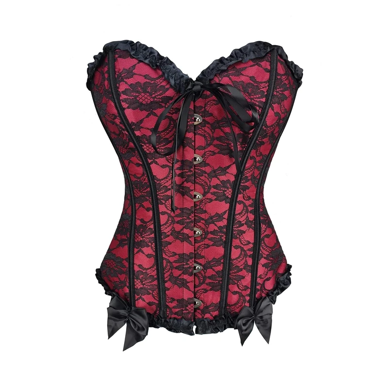 RHISLEO Women Lace Up Floral Lace Red Burlesque Basque Bustier Shaper Overbust Boned Corset Top (Floral Lace Red, 10)