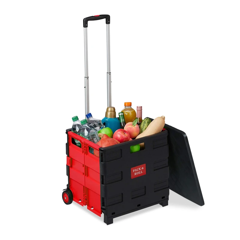Relaxdays Shopping Trolley, Foldable, Up to 35 kg, 50 L, with Telescopic Handle, Transport Cart, 2 wheels, Red/Black, Plastic, Aluminium, 99 x 45.5 x 37.5 cm