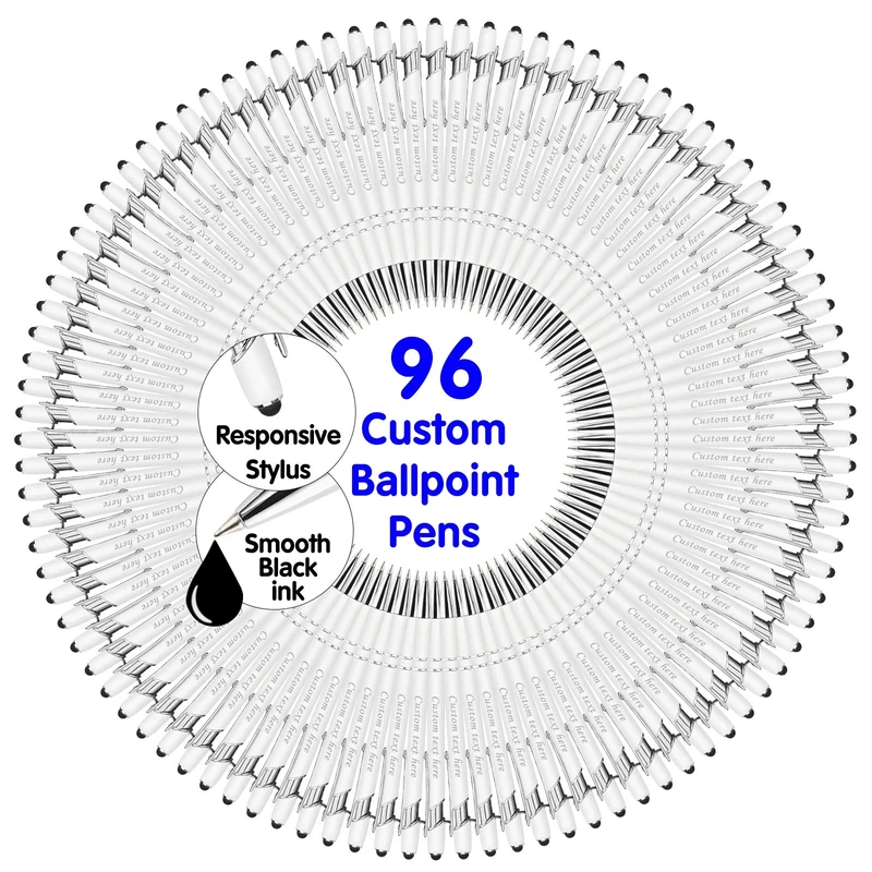 YAEILOV 96 Pcs Personalized Pens Bulk with Name Stylus Tip 0.5 mm Custom Engraving Ballpoint Pens Office-Medium Point,Black Ink