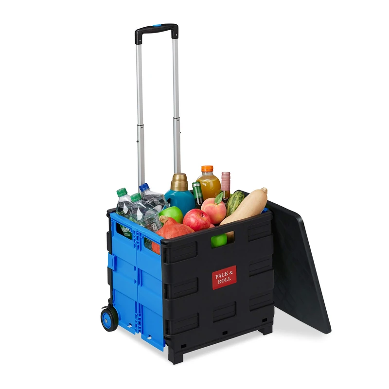 Relaxdays Shopping Trolley, Foldable, Up to 35 kg, 50 L, with Telescopic Handle, Transport Cart, 2 Wheels, Blue/Black, 99 x 45.5 x 37.5 cm