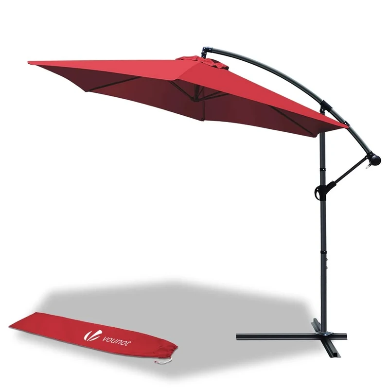 VOUNOT® 3m Cantilever Garden Parasol, Banana Patio Umbrella with Crank Handle and Tilt for Outdoor Sun Shade, Red