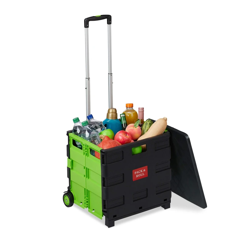 Relaxdays Shopping Trolley, Foldable, Up to 35 kg, 50 L, with Telescopic Handle, Transport Cart, 2 Wheels, Green/Black, 99 x 45.5 x 37.5 cm