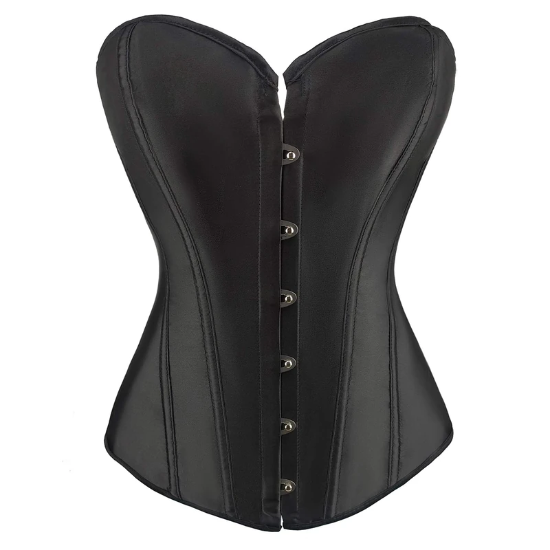 RHISLEO Women Satin Plain Pure Black Bustier Top Burlesque Basque Shaper Boned Corset (Black, 8)