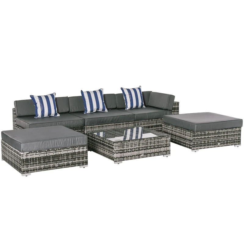Outsunny 6 Pieces Rattan Garden Furniture Set, 5 Seater Garden Sofa Set with Thickened Cushions, Glass Top Coffee Table and Ottomans, Outdoor Sectional Conservatory Furniture with Pillows, Grey