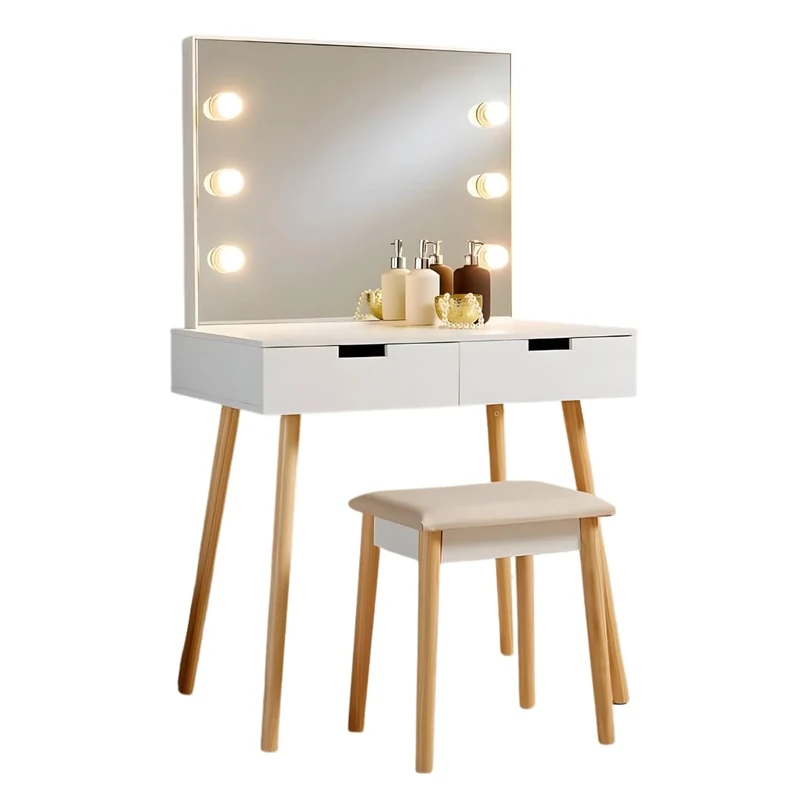 Home Source Hollywood Dressing Table Set with LED Mirror & Padded Stool, White – 2 Drawer Vanity Table with Mirror, Lights and Wooden Legs, Makeup Desk for Bedroom, Apartments & Student Rooms