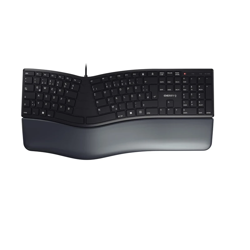 CHERRY KC 4500 ERGO, Ergonomic Keyboard, German Layout (QWERTZ), Wired, Padded Palm Rest with Memory Foam, Curved Keypad, Black