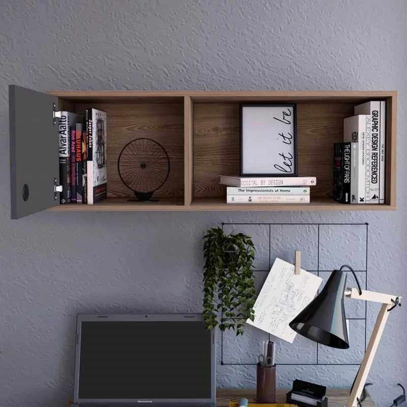 Home Source Harlem Wall Mounted Shelving Display Unit Storage, Oak Effect and Grey, 1 Door