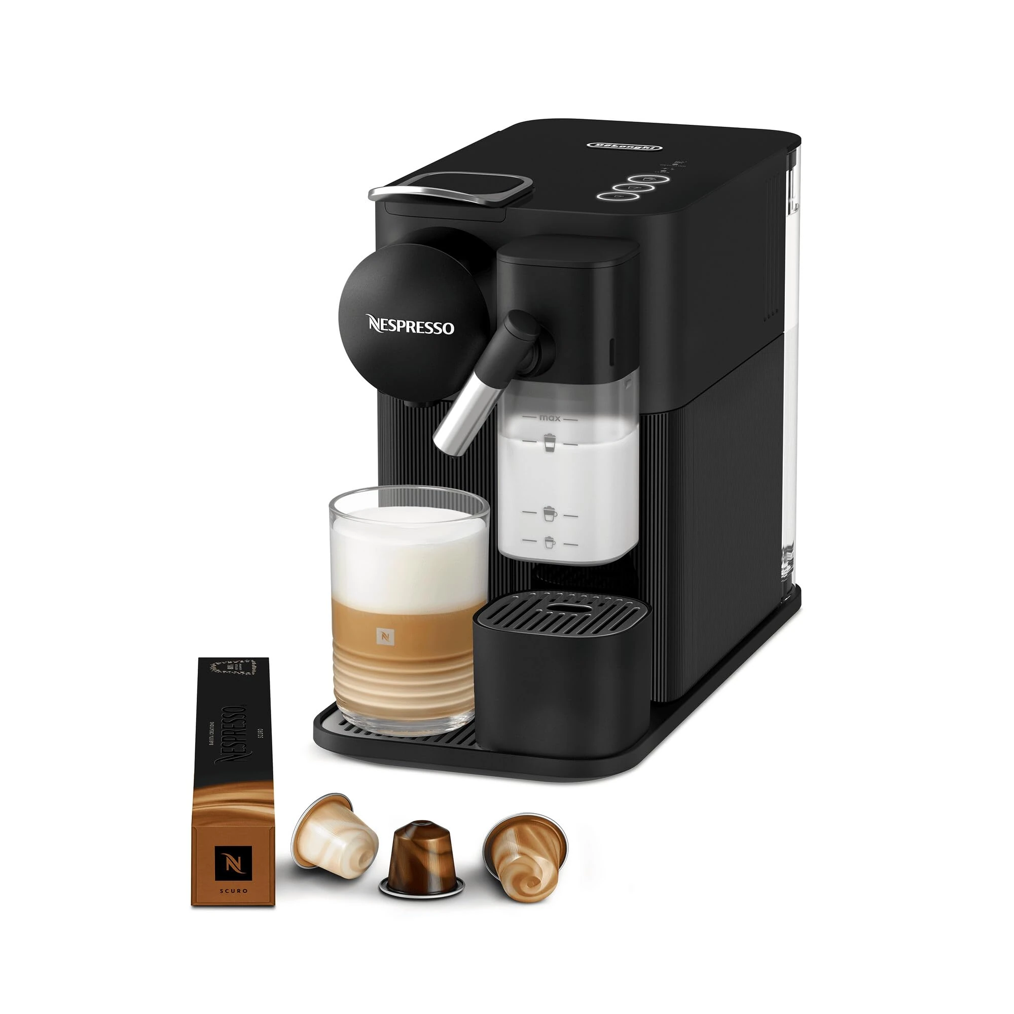 Nespresso Lattissima One Coffee Machine by De'Longhi for Original Coffee Pods, Latte, Cappuccino, Integrated Milk Frother, Starter Capsule Set Included, EN510.B, Black