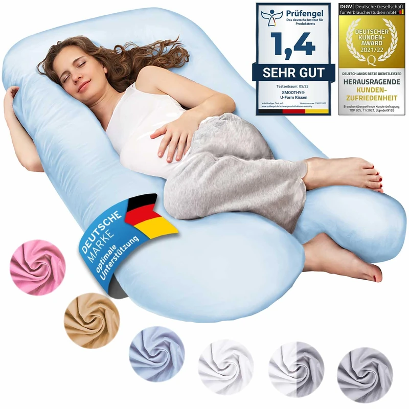SMOOTHY Pregnancy pillow, side sleeper pillow, positioning pillow, baby pillow & breastfeeding pillow in U-shape with removable & washable cover made of cotton (Classic XXL, 150 x 80 cm, Light Blue)