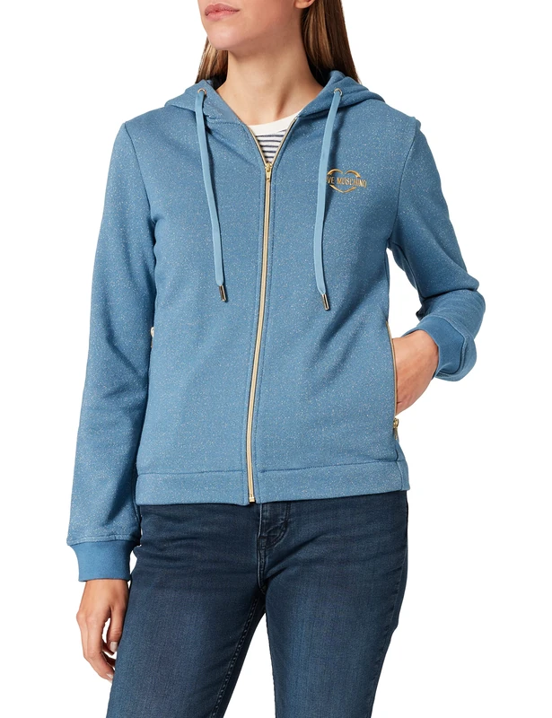 Love Moschino Women's Zippered Hoodie Sweatshirt in Lurex Cotton, Blue, 40