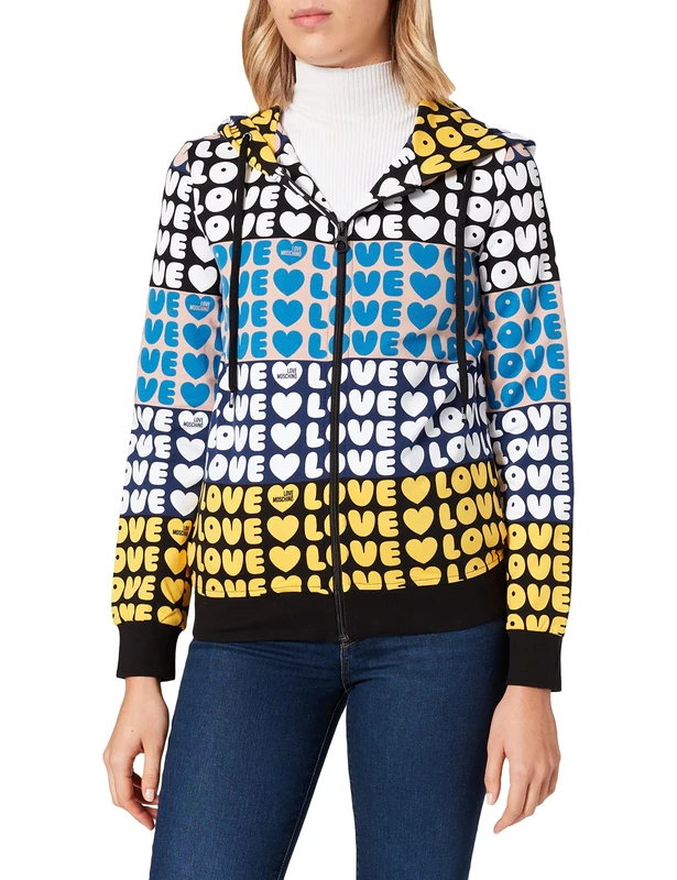 Love Moschino Women's Zippered Hoodie Sweatshirt, VAR.JELLOW-AZZU, 38