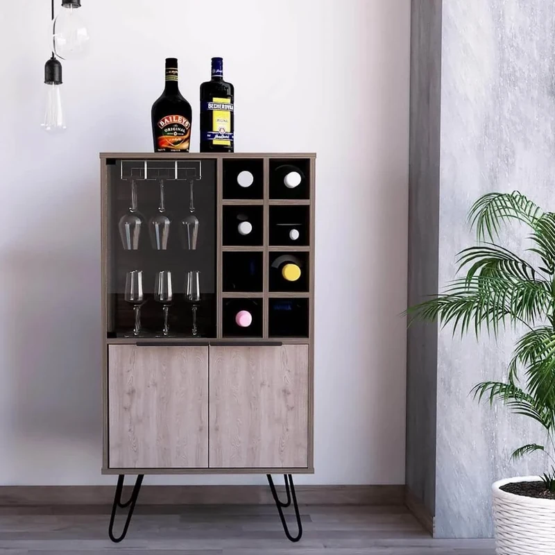 Home Source Drinks Cabinet, 3 Door Cupboard and Glass Storage, Smoked Oak Effect, 8 Shelf Bottle Rack, Engineered Wood