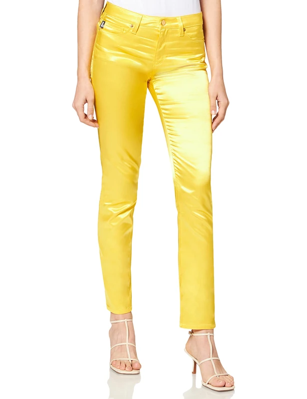 Love Moschino Women's Skinny Five Pocket Trousers with Logo tab on Back Belt Jeans, Yellow, W26