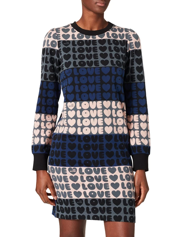 Love Moschino Women's Long-Sleeved Dress in Stretch Cotton Fleece, VAR.Pink-Navy, 18
