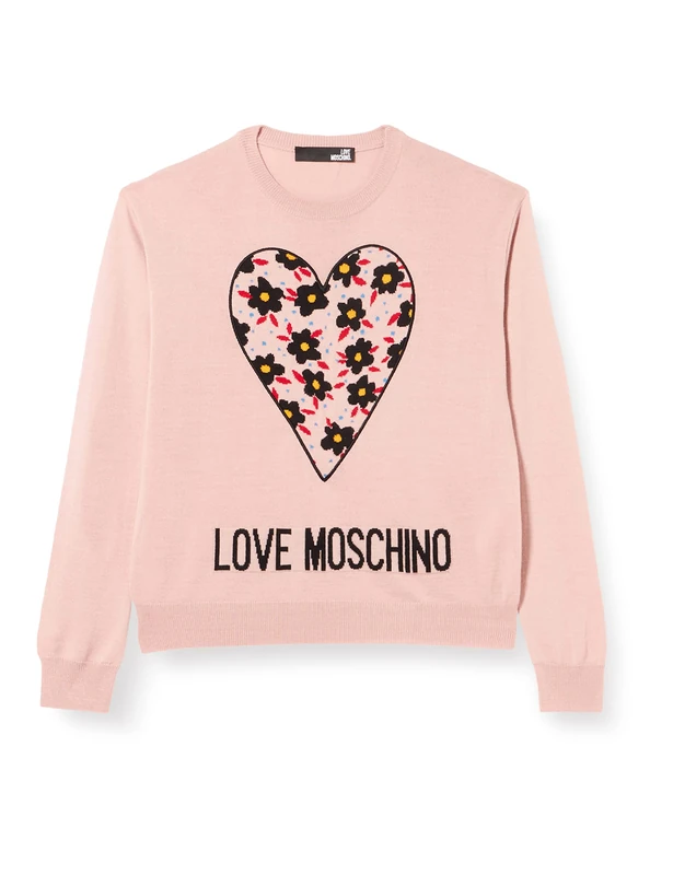 Love Moschino Women's Round Neck Pullover with Heart 80' S Flowers Jacquard and Logo Intarsia Long Sleeve, Pink, 16 - Image 1
