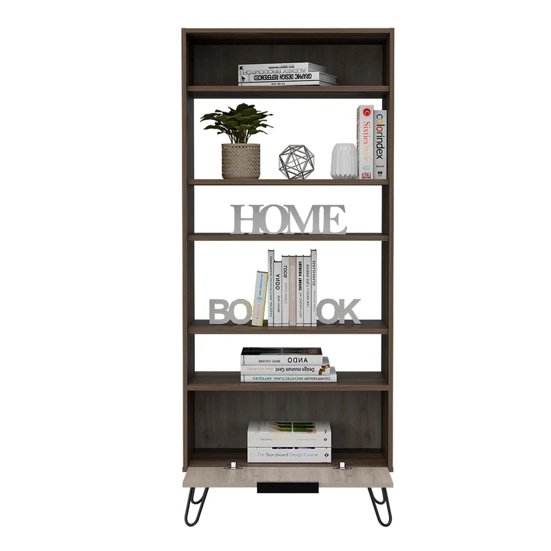 Home Source Tall Bookcase Display Cabinet 1 Door Storage Cupboard, Dark Grey, Oak Effect, 5 Tier