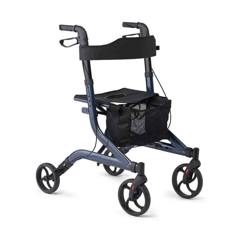 Medline Aluminum European Style Foldable Rollator with Backrest, 300 lbs. Capacity, Navy — for Foot & Leg Injuries & Post-Surgery Bariatric Care, 1 Ct.