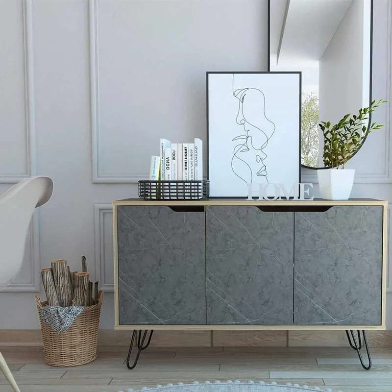 Home Source Sideboard or TV Stand Cabinet, Bleached Pine Cupboard, Stone Effect, 3 Door, Engineered Wood