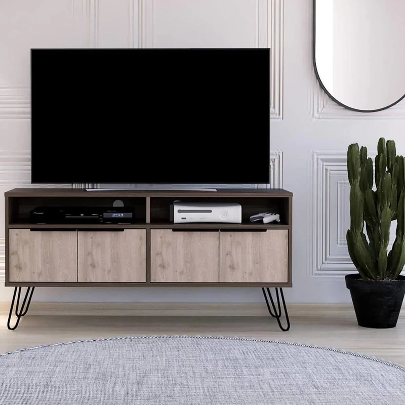 Home Source Large TV Stand Entertainment Cabinet, 2 Media Shelves and Cupboards, Two Tone Oak Effect, 4 Door