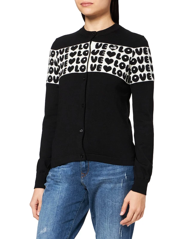 Love Moschino Women's Long Wool Blend with Jacquard Logo Band On Body and Sleeves Jacket - - 22 Black