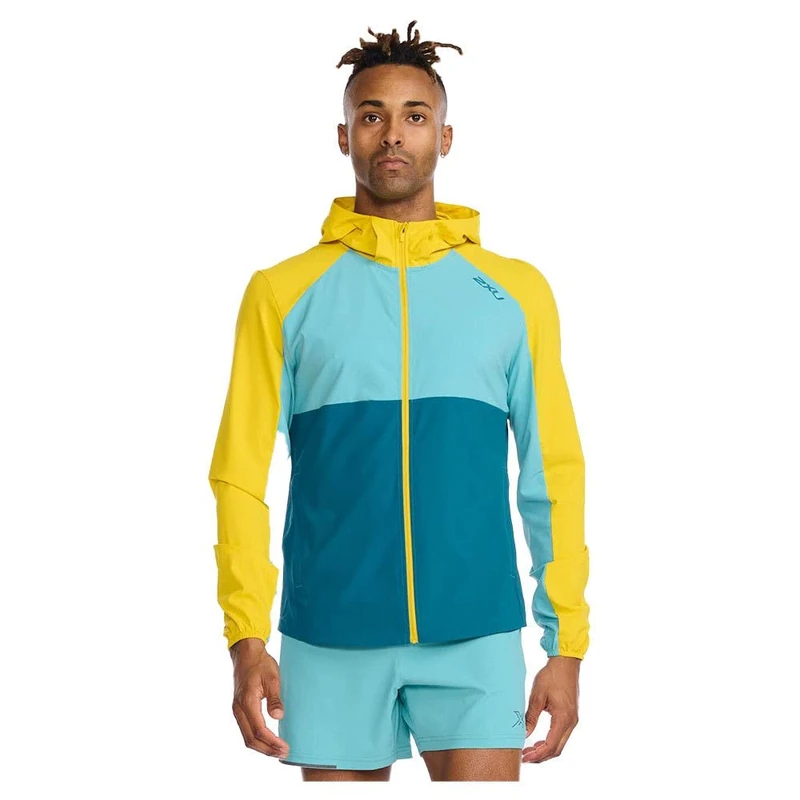 2XU Men's Aero Jacket, Sulphur/Oceanside Reflective, S