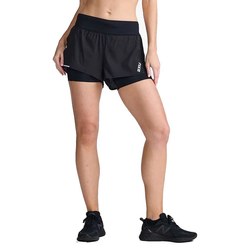 2XU Womens, Aero 2-in-1 4 Inch Shorts Black/Silver Reflective L
