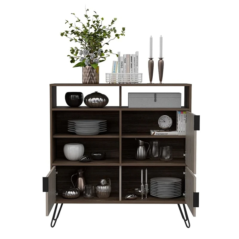 Home Source Tall Sideboard or TV Stand Cabinet Cupboard 3 Open Shelves Grey Oak Effect, 3 Door