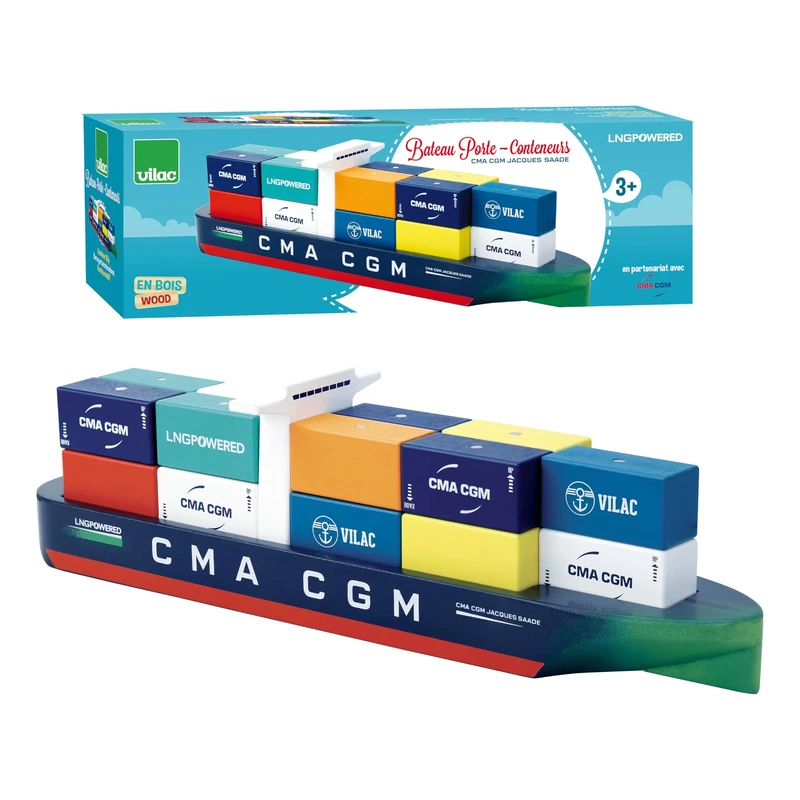 Vilac Jacques Saadé Container Ship, Wooden Play Vehicle, Cargo Ship, Kids Cruise Toy Boat, 18 Pieces