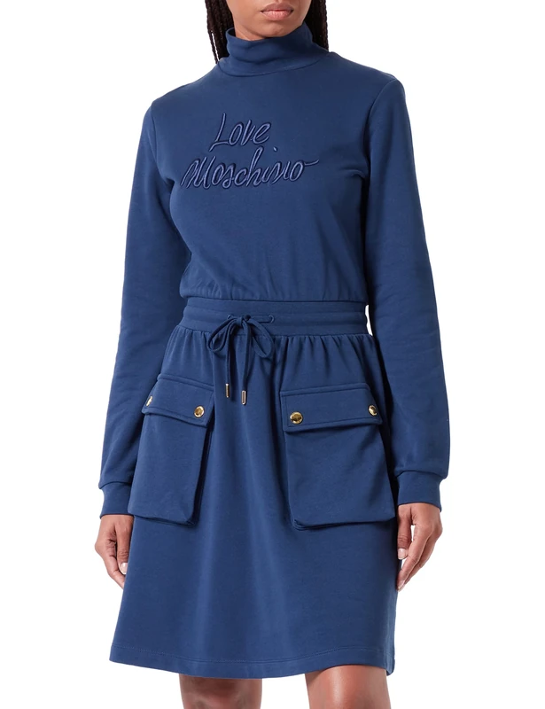 Love Moschino Women's Long-Sleeved Dress in 100% Cotton Fleece, Blue, 6