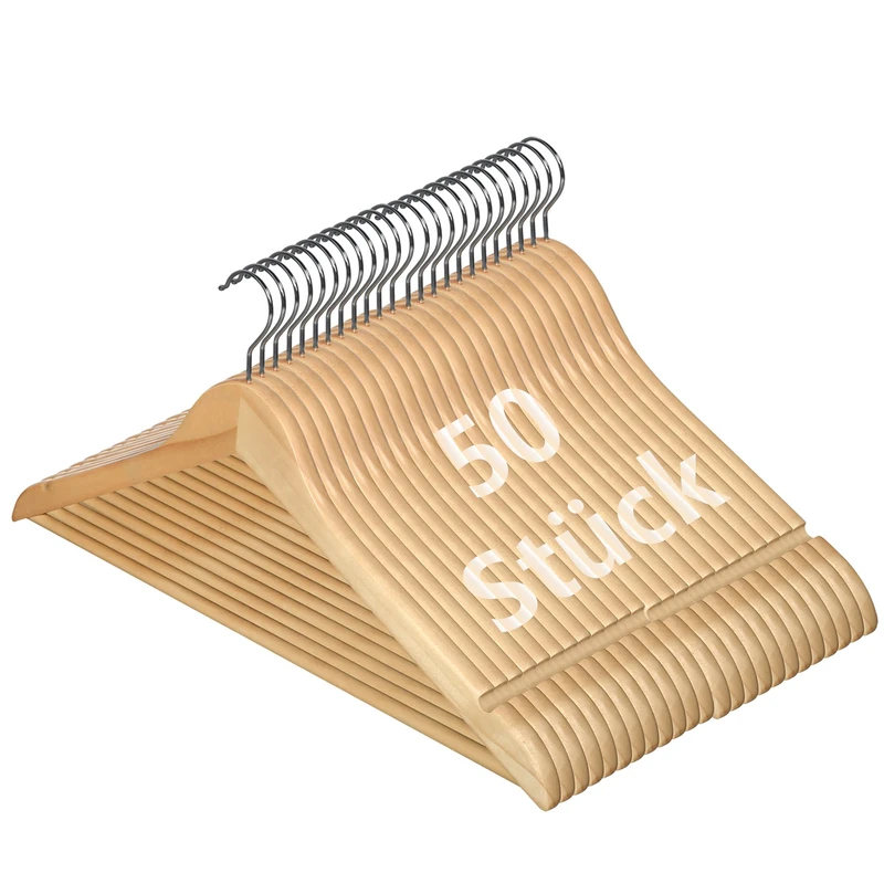 Ribelli Wooden Clothes Hangers, Pack of 50, Suit Hangers, Jacket Hangers with 360 Degree Rotating Hook & Round Trouser Bar & Shoulder Notches, Wooden Hanger Suitable for Coat, Jacket, Suit, Trousers, Shirts