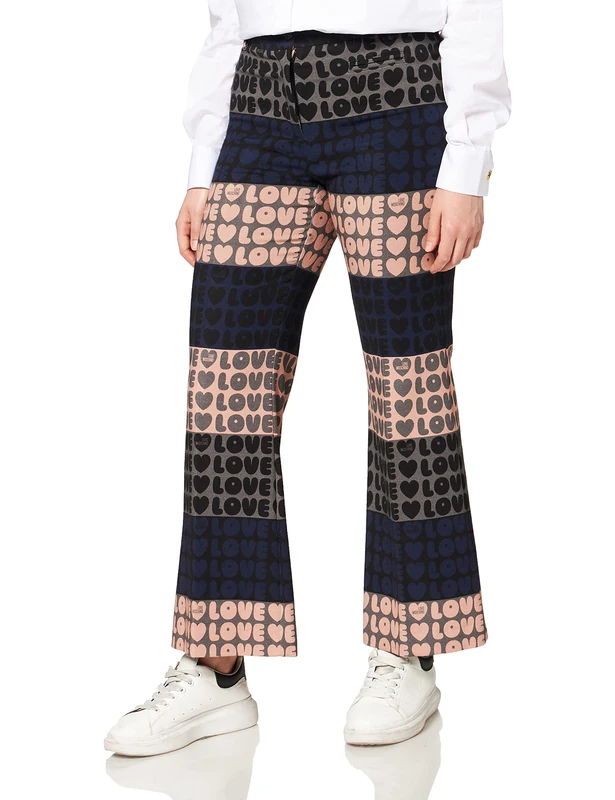 Love Moschino Women's Midi Flare Trousers in Allover Love Pattern Pants, VAR.Pink-Navy, 14