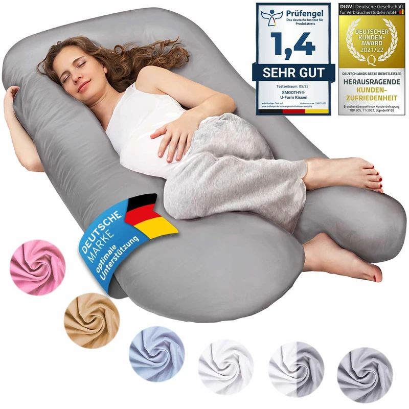 SMOOTHY Pregnancy pillow, side sleeper pillow, positioning pillow, baby pillow & breastfeeding pillow in U-shape with removable & washable cover made of cotton (Junior XL, 120 x 70 cm, Gray)