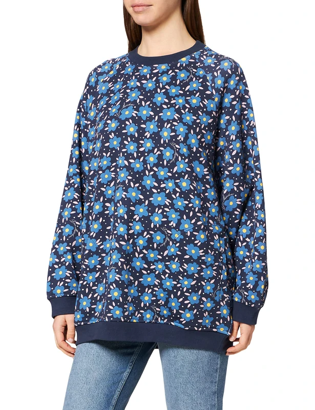 Love Moschino Women's Oversize Round Neck Long-Sleeved Sweatshirt, Fiori Fond.blu, M