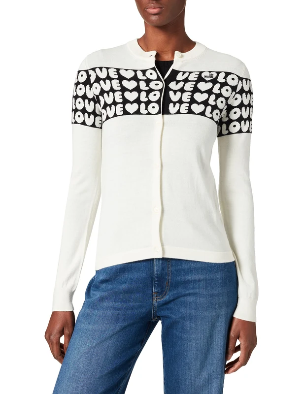 Love Moschino Women's Long Jacket in Wool Blend with Jacquard Logo Band on Body and Sleeves, White, 12