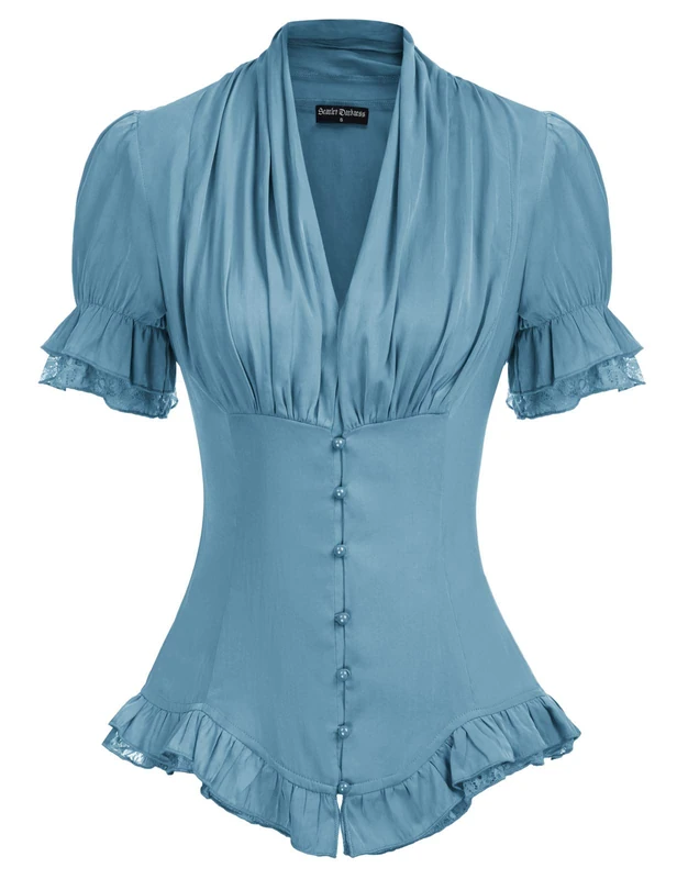 Scarlet Darkness Women 2024 Summer Short Sleeve Shirt Dressy Victorian Blouse Lace Up Top, Blue Haze, XXL - Image 1