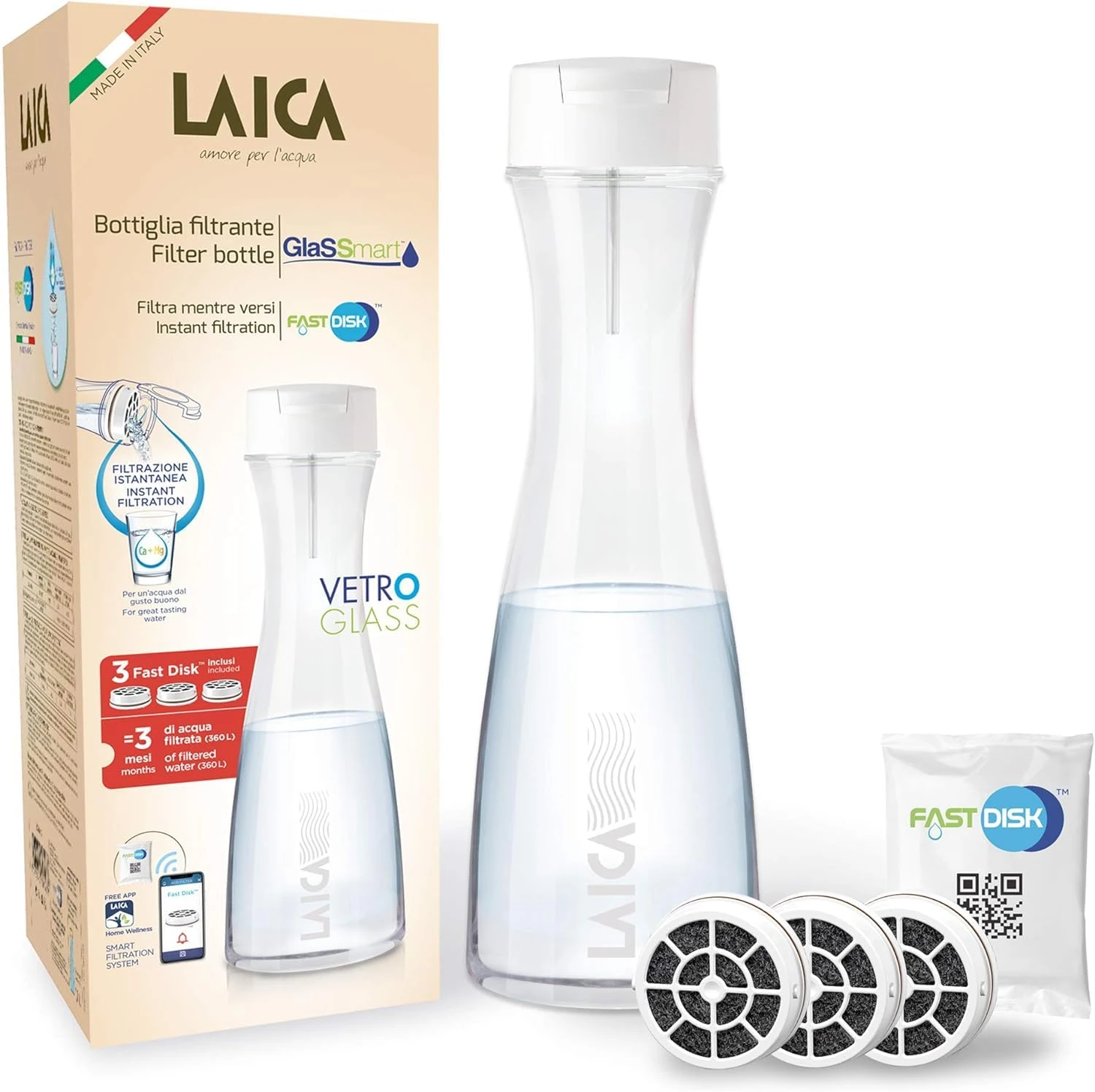 Laica Bk31A Glassmart Glass Filter Bottle, 3 Fast Disk Filters Included, 360 Liters Instantly Filtered Water, White/Transparent, 13.8 x 13.7 x 38.8 cm; 1.05 kg