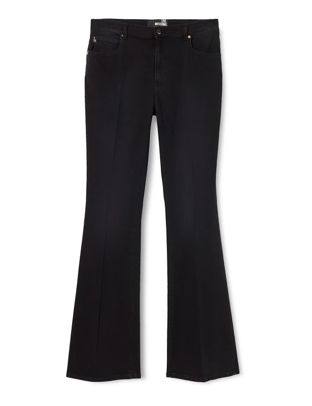 Moschino Women's 5-Pocket Flared Trousers with Golden Heart Logo tab on Back Belt Jeans, Zzsw3176, 6