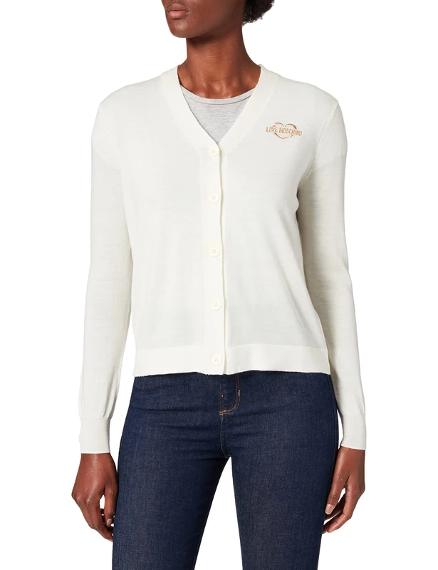 Love Moschino Women's Long Sleeve Cardigan 100% Pure Virgin Wool with Gold Heart Intarsia on Front Jacket, White, 18