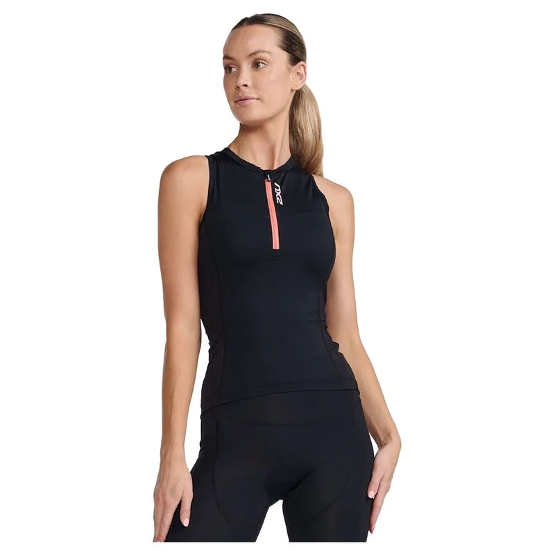 2XU Women's Aero Tri Singlet Tank Top, Black/Hyper Coral, M