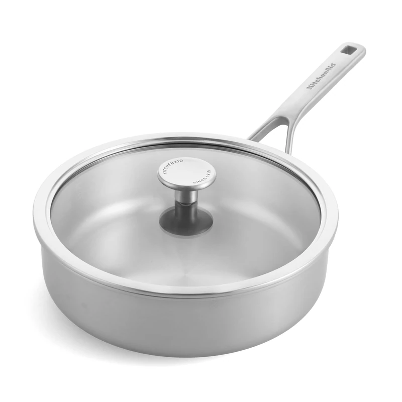 KitchenAid Multiply 3PLY Stainless Steel 24 cm/3.1 Litre Sauté Pan with Tempered Glass Lid, PFAS Free, Triply, Multiclad, Induction Suitable, Oven Safe up to 220°C, Silver - Image 1